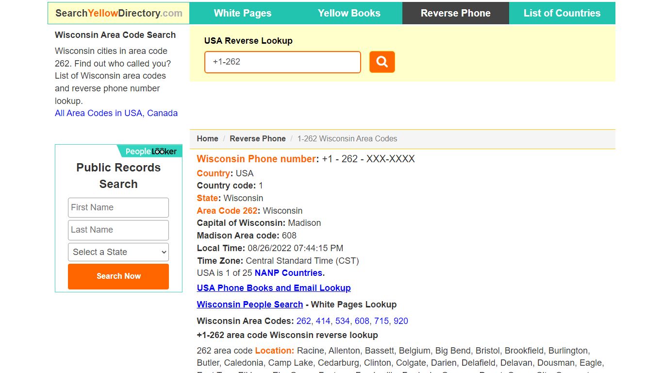 Wisconsin Area Code 262 Reverse Phone Number Lookup